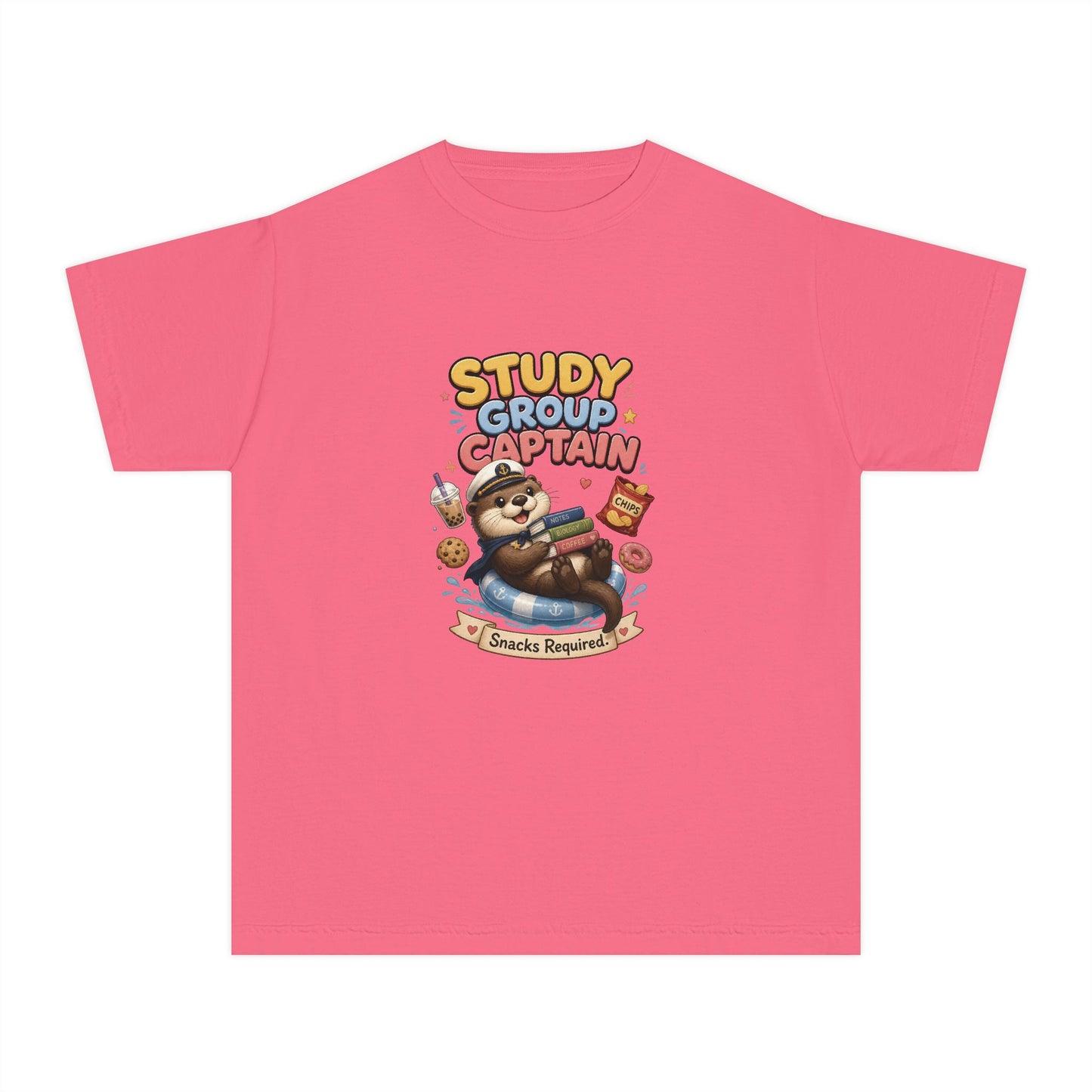 Study Group Captain Youth Tee | Sloth Studying Snacks Graphic