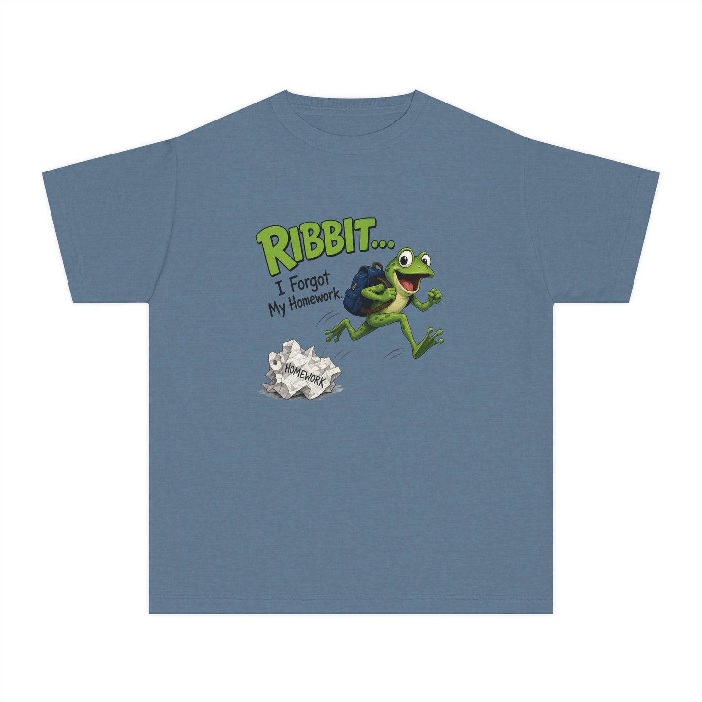 Ribbit Frog Character Youth Tee | Funny Forgot My Homework Design