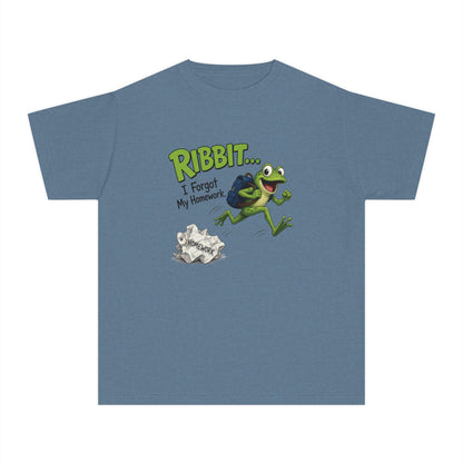 Ribbit Frog Character Youth Tee | Funny Forgot My Homework Design