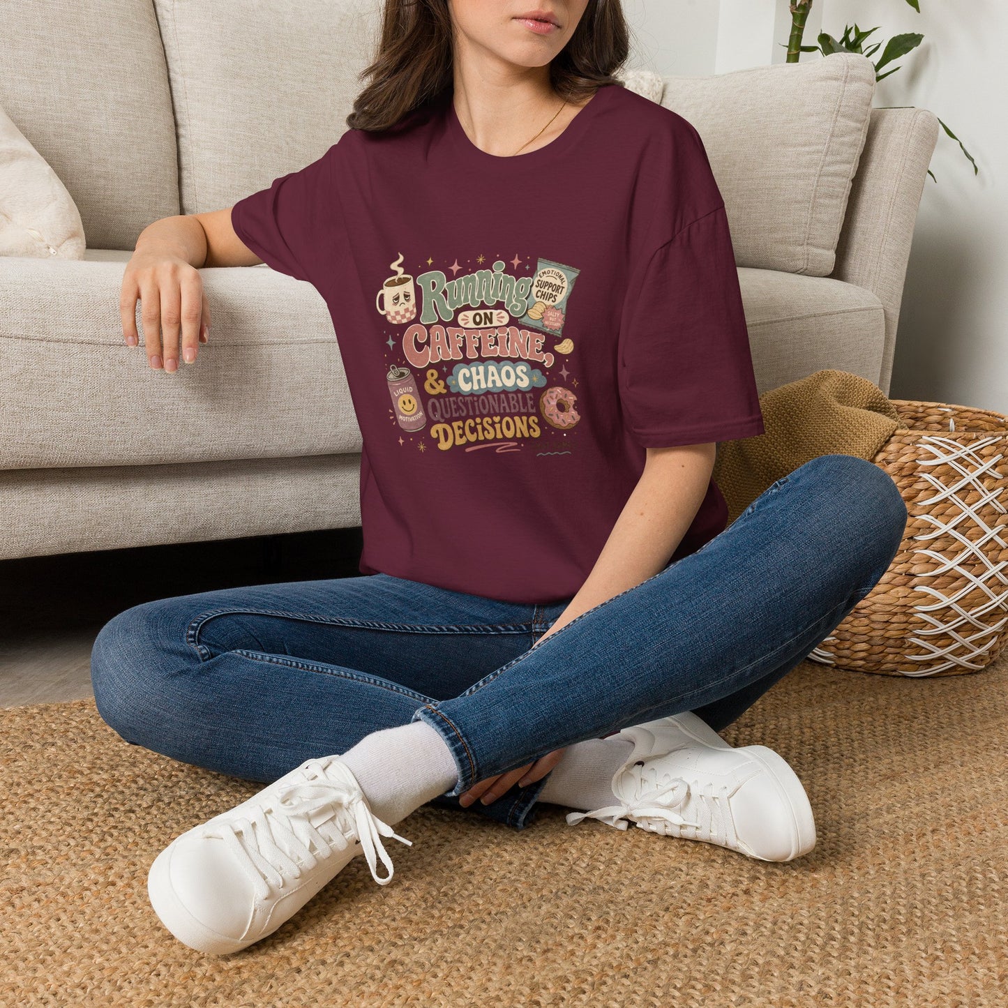 Running on Caffeine & Chaos T-Shirt | Coffee Mug Donut Illustration