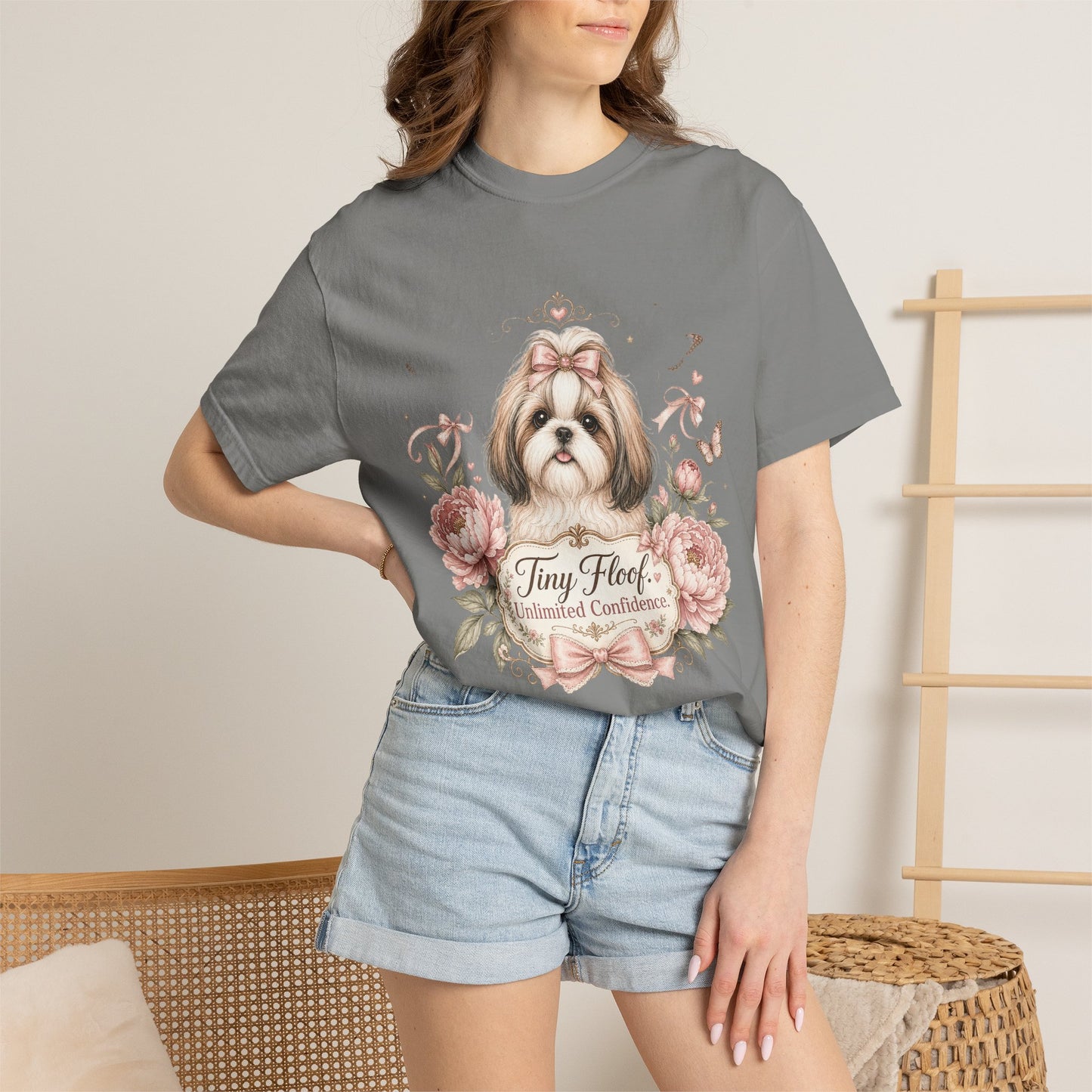 Shih Tzu Floral Portrait T-Shirt | Tiny Floof Illustration, Pink Roses