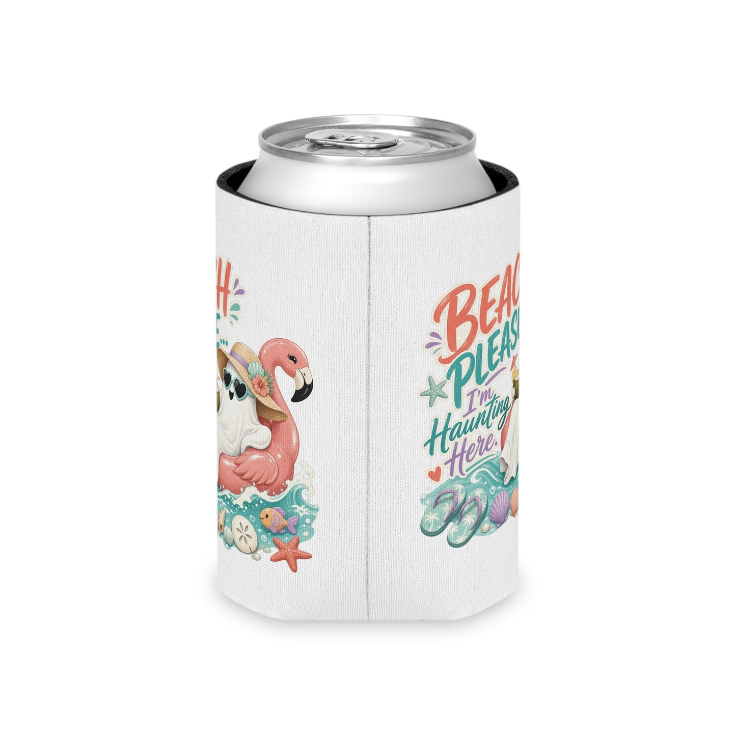 Beach Please Ghost Flamingo Can Cooler | Summer Beach Drink Sleeve