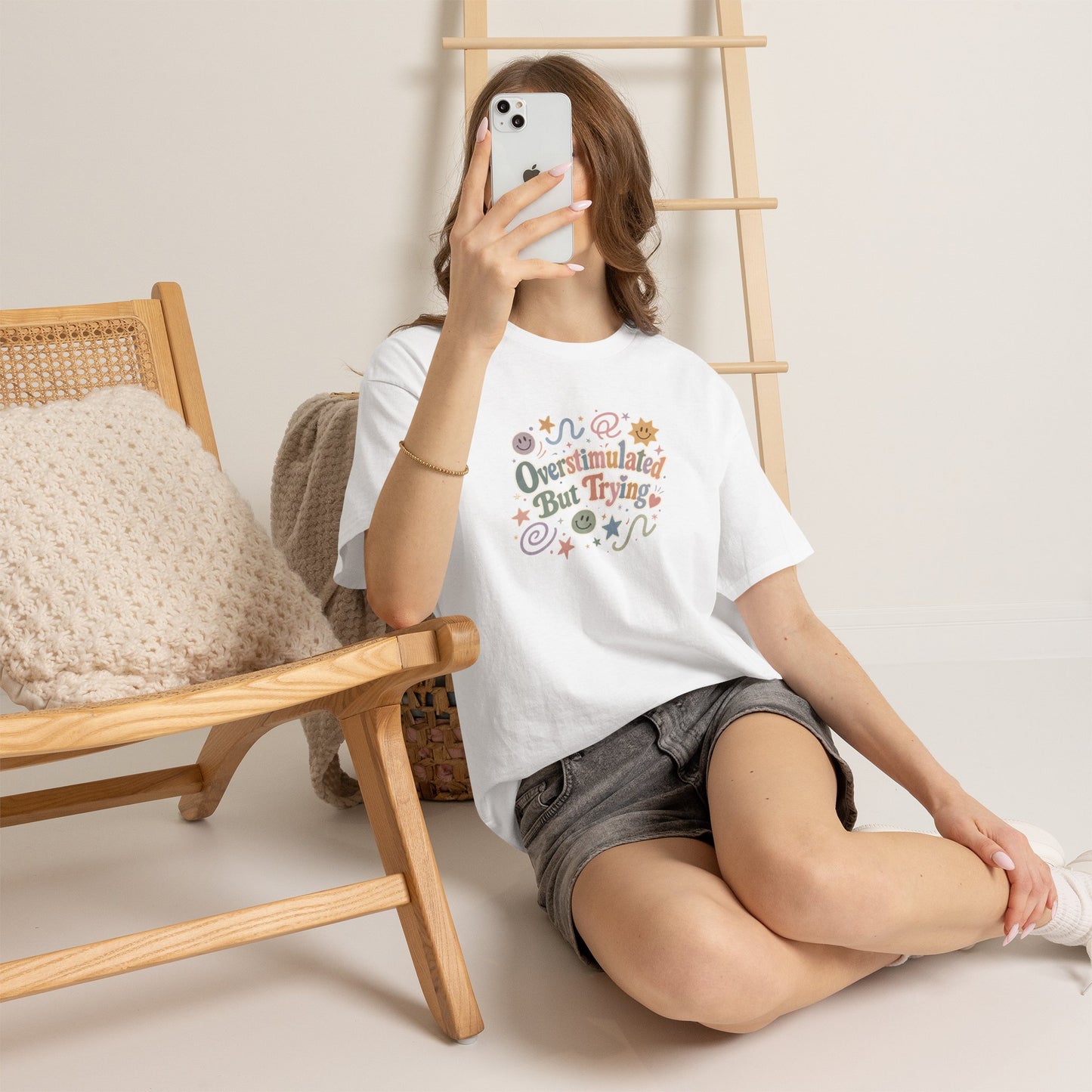Overstimulated But Trying tee | Funny Mental Health Shirt, Cute Retro Doodles