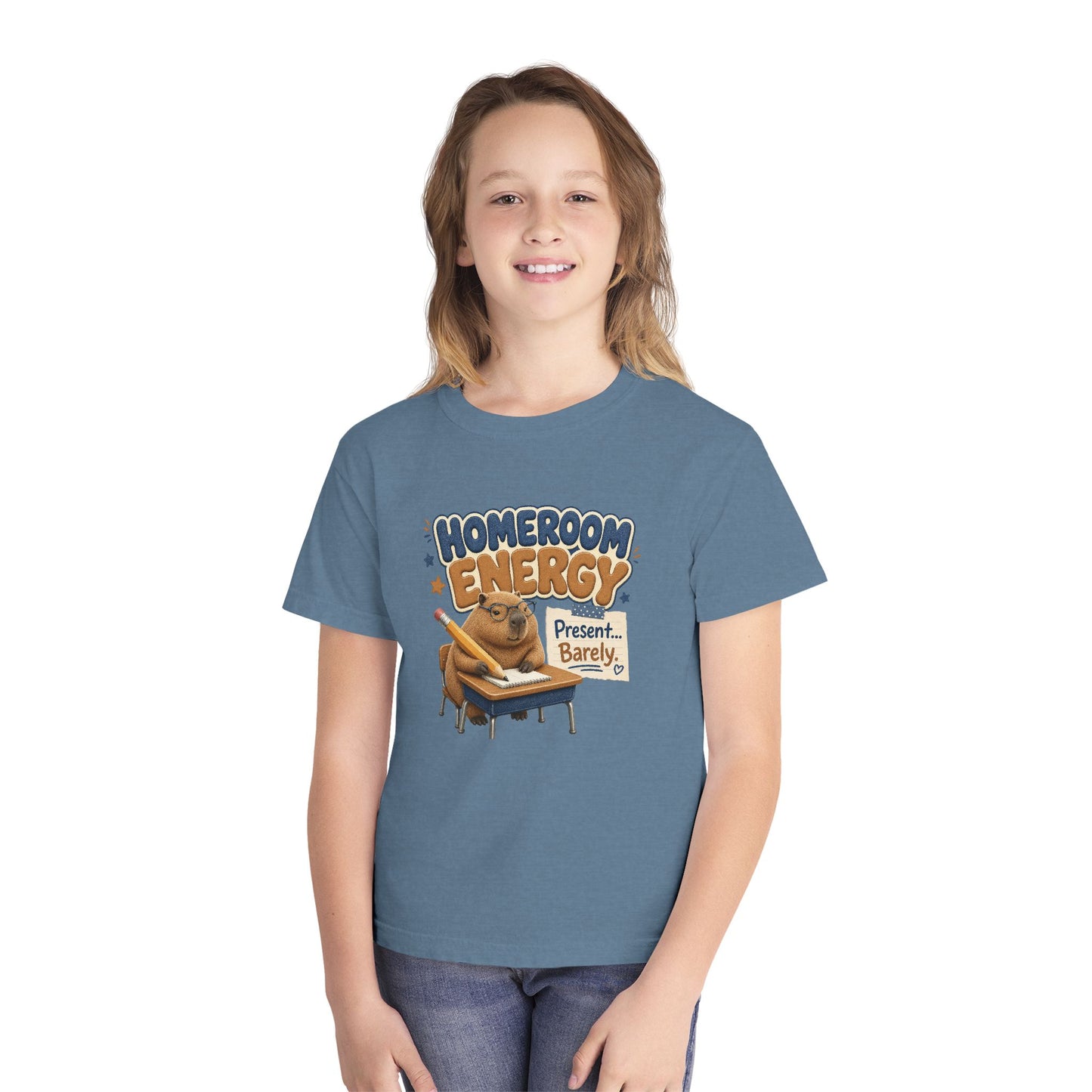 Homeroom Energy Sloth on Desk Youth Tee | Funny School Illustration