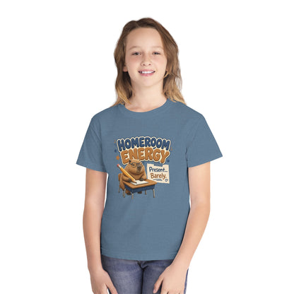 Homeroom Energy Sloth on Desk Youth Tee | Funny School Illustration