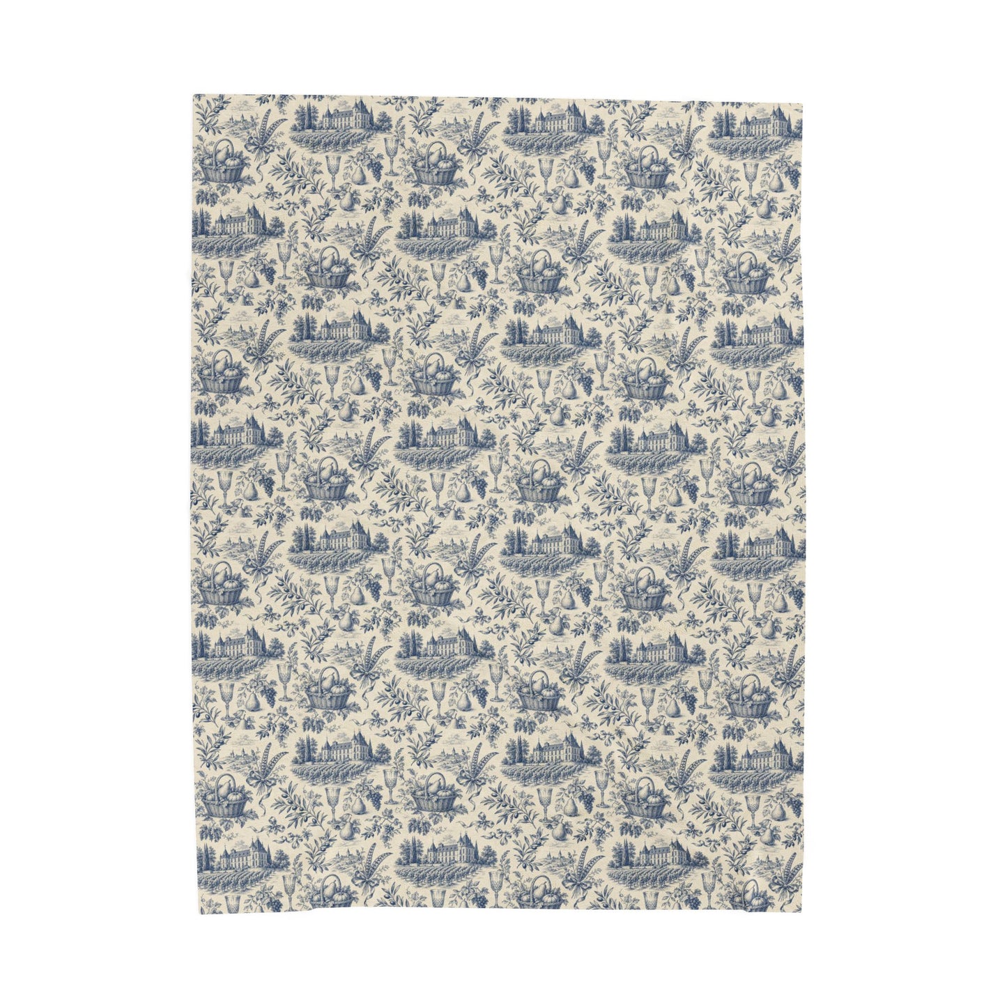 French Harvest Toile Landscape Velveteen Plush Blanket | Vintage Cottage Pattern