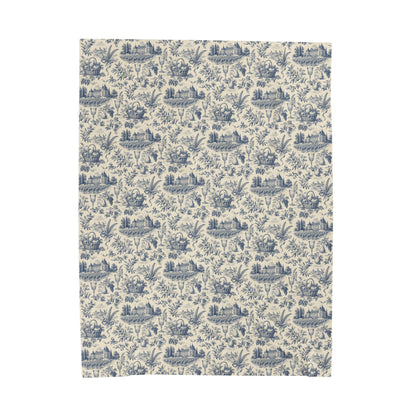 French Harvest Toile Landscape Velveteen Plush Blanket | Vintage Cottage Pattern