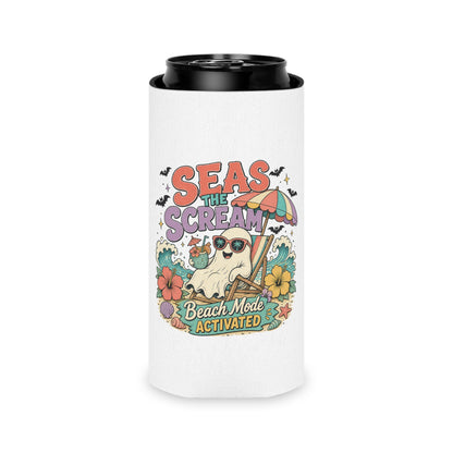 Seas the Scream ghost beach scene Can Cooler | Beach Mode Activated, Tropical Flowers