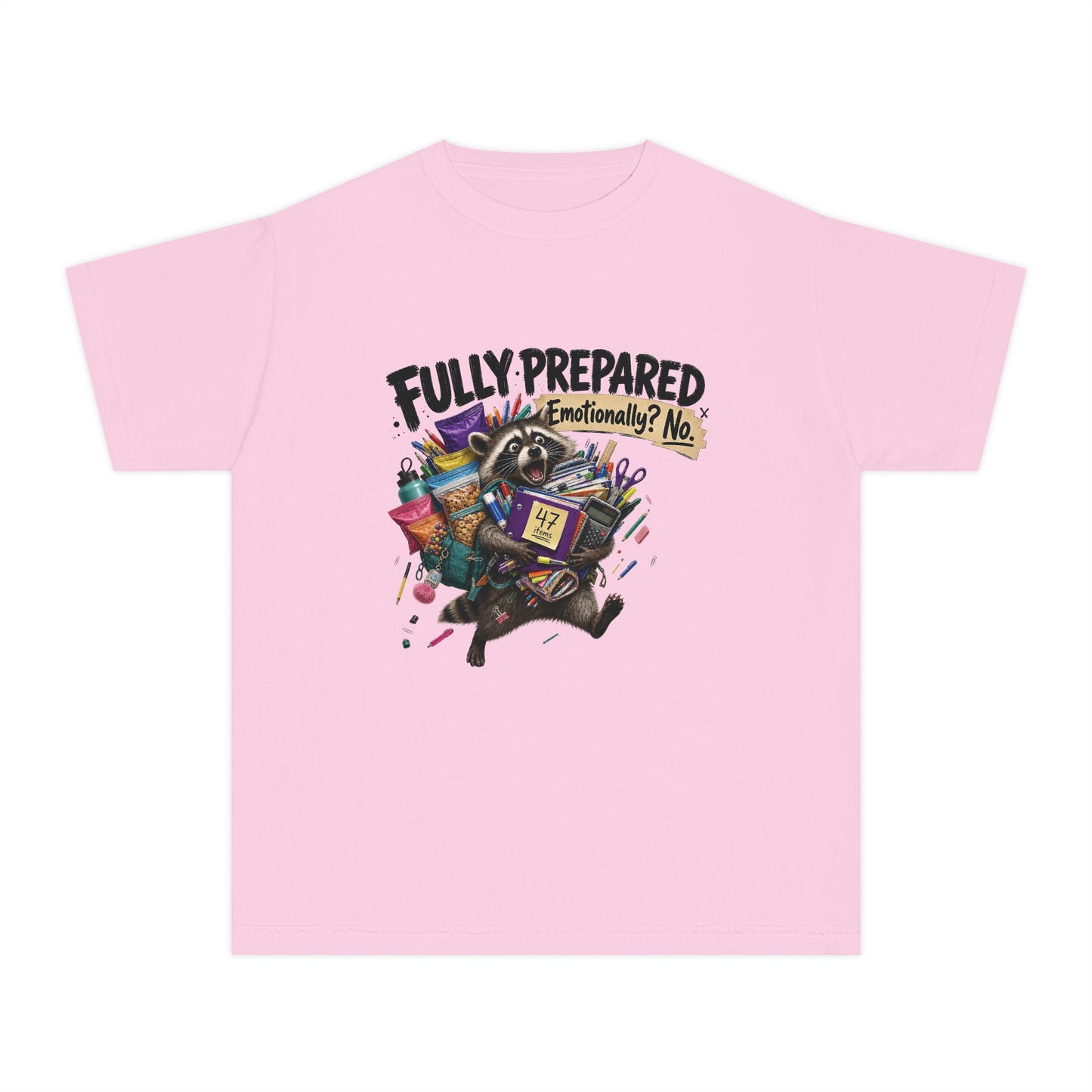 Fully Prepared Raccoon Supplies T-Shirt | Funny Back-to-School Kids Tee