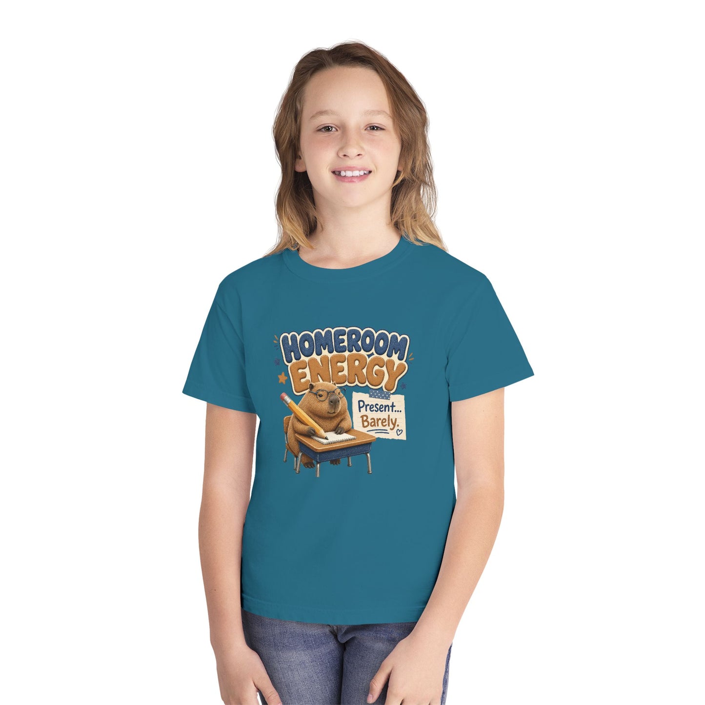 Homeroom Energy Sloth on Desk Youth Tee | Funny School Illustration