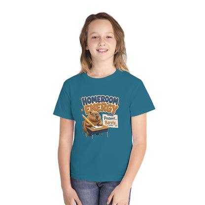 Homeroom Energy Sloth on Desk Youth Tee | Funny School Illustration