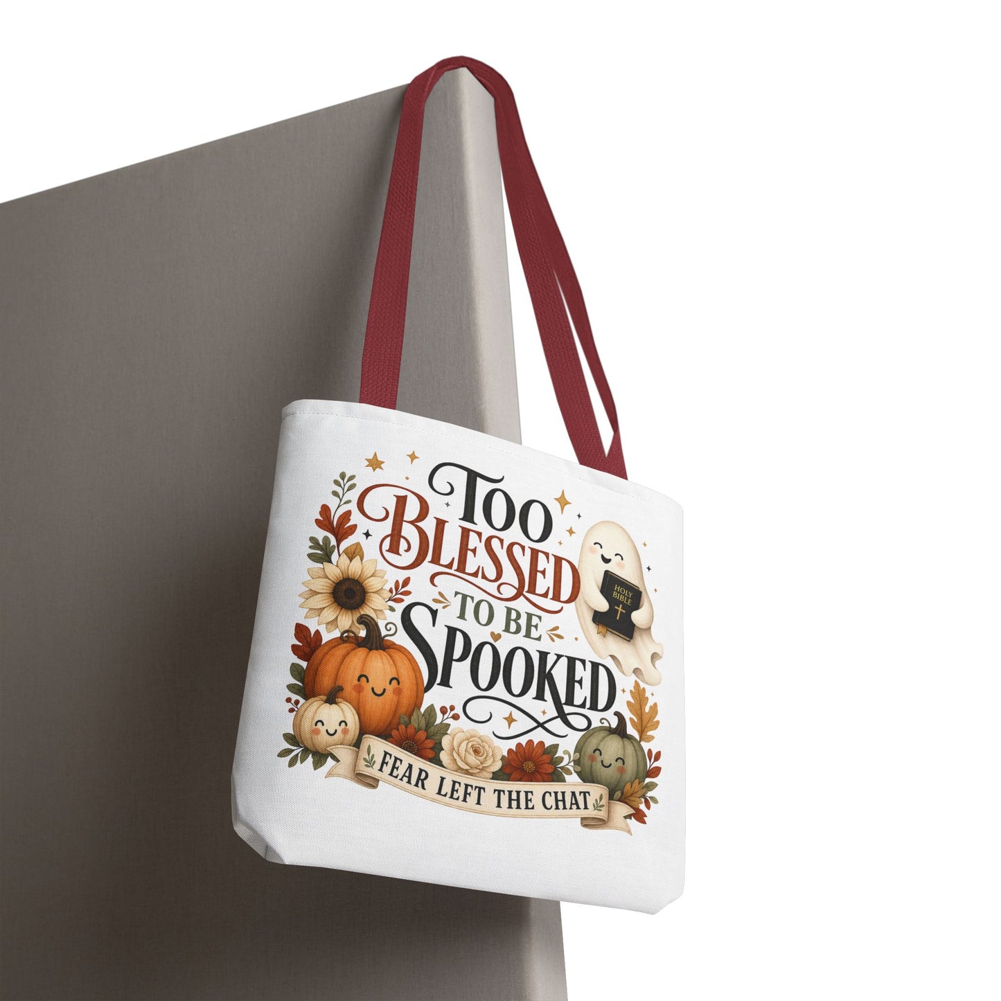 Too Blessed to Be Spooked Tote Bag | Halloween Pumpkin Ghost Fall Leaves