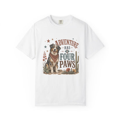 Adventure Has Four Paws T-Shirt | Australian Shepherd Design