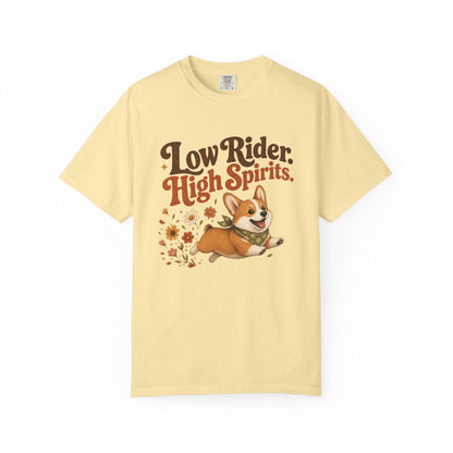 Low Rider High Spirits Corgi T-Shirt | Running Corgi Illustration, Autumn Leaves