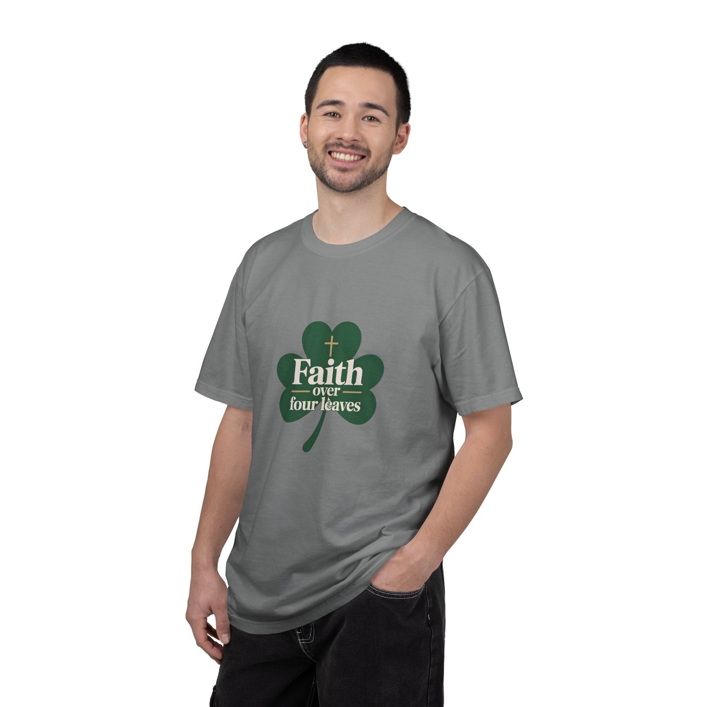 Faith Over Four Leaves T-shirt | Shamrock Christian Inspiration