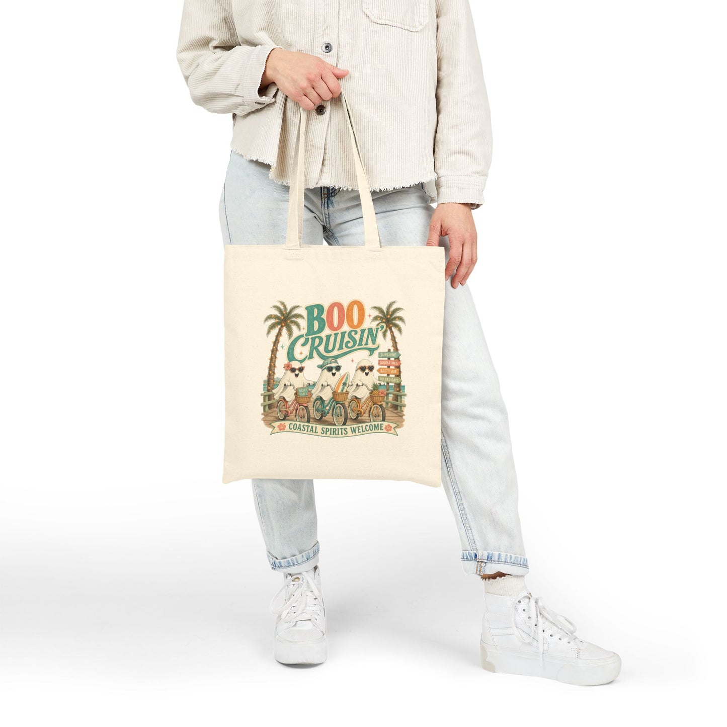 Boo Cruisin' ghost beach scene Tote | Halloween coastal spooky palm trees