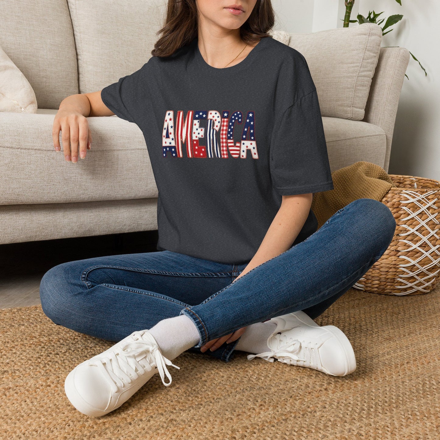 American Flag Patchwork Style Letters T-Shirt | Patriotic Fourth of July Tee