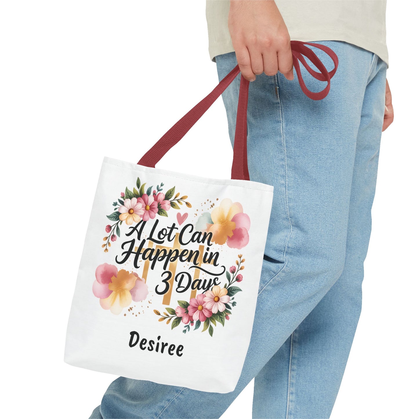 A Lot Can Happen in 3 Days Easter Faith Tote Bag | Floral Script Personalized Name