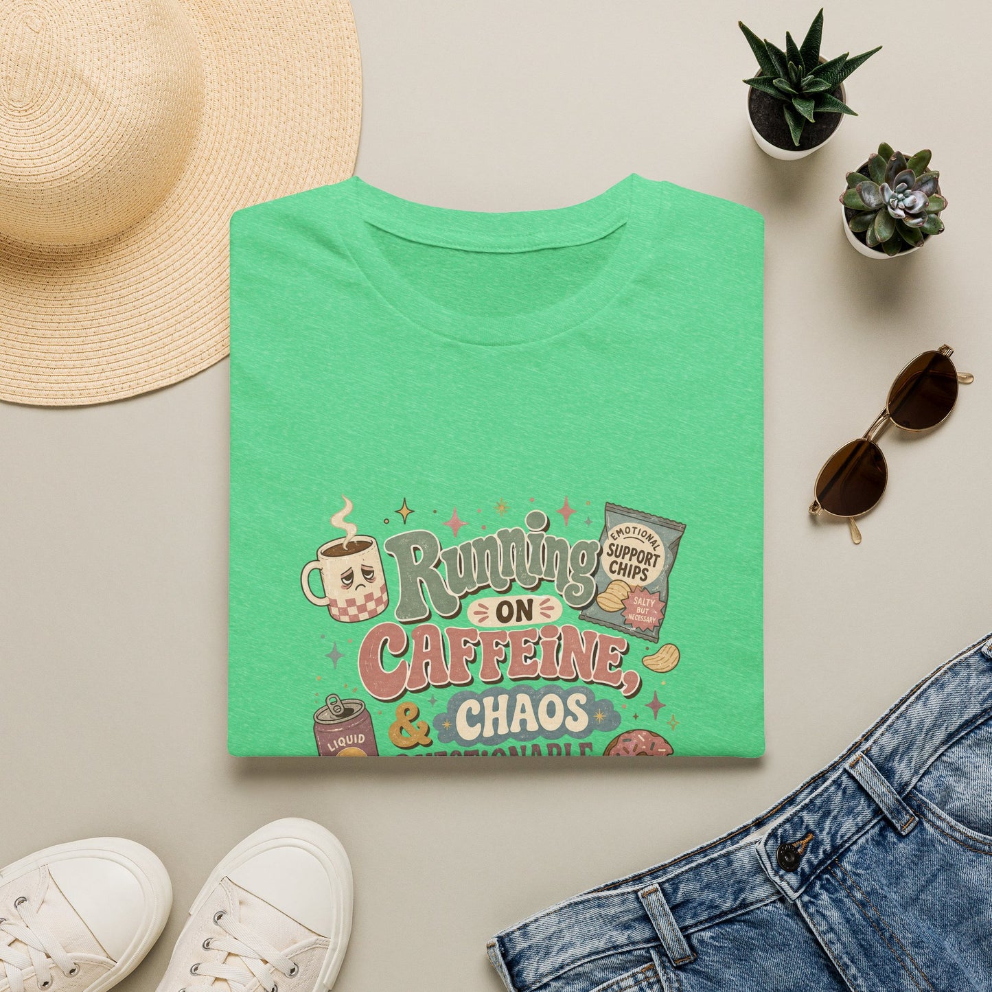 Running on Caffeine & Chaos T-Shirt | Coffee Mug Donut Illustration