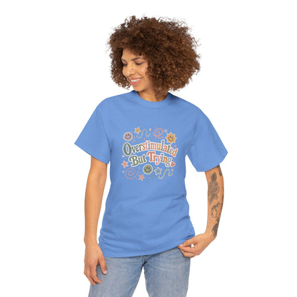 Overstimulated But Trying tee | Funny Mental Health Shirt, Cute Retro Doodles