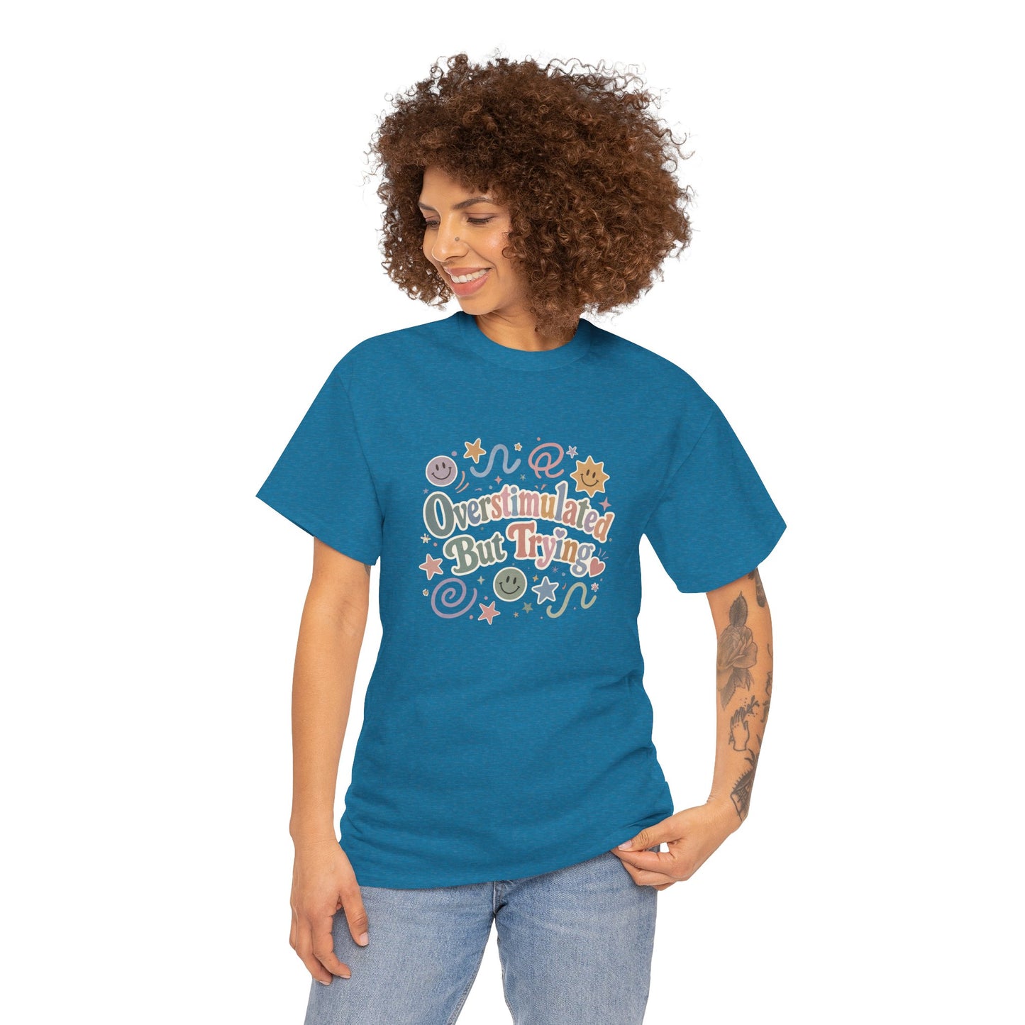 Overstimulated But Trying tee | Funny Mental Health Shirt, Cute Retro Doodles