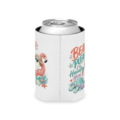 Beach Please Ghost Flamingo Can Cooler | Summer Beach Drink Sleeve