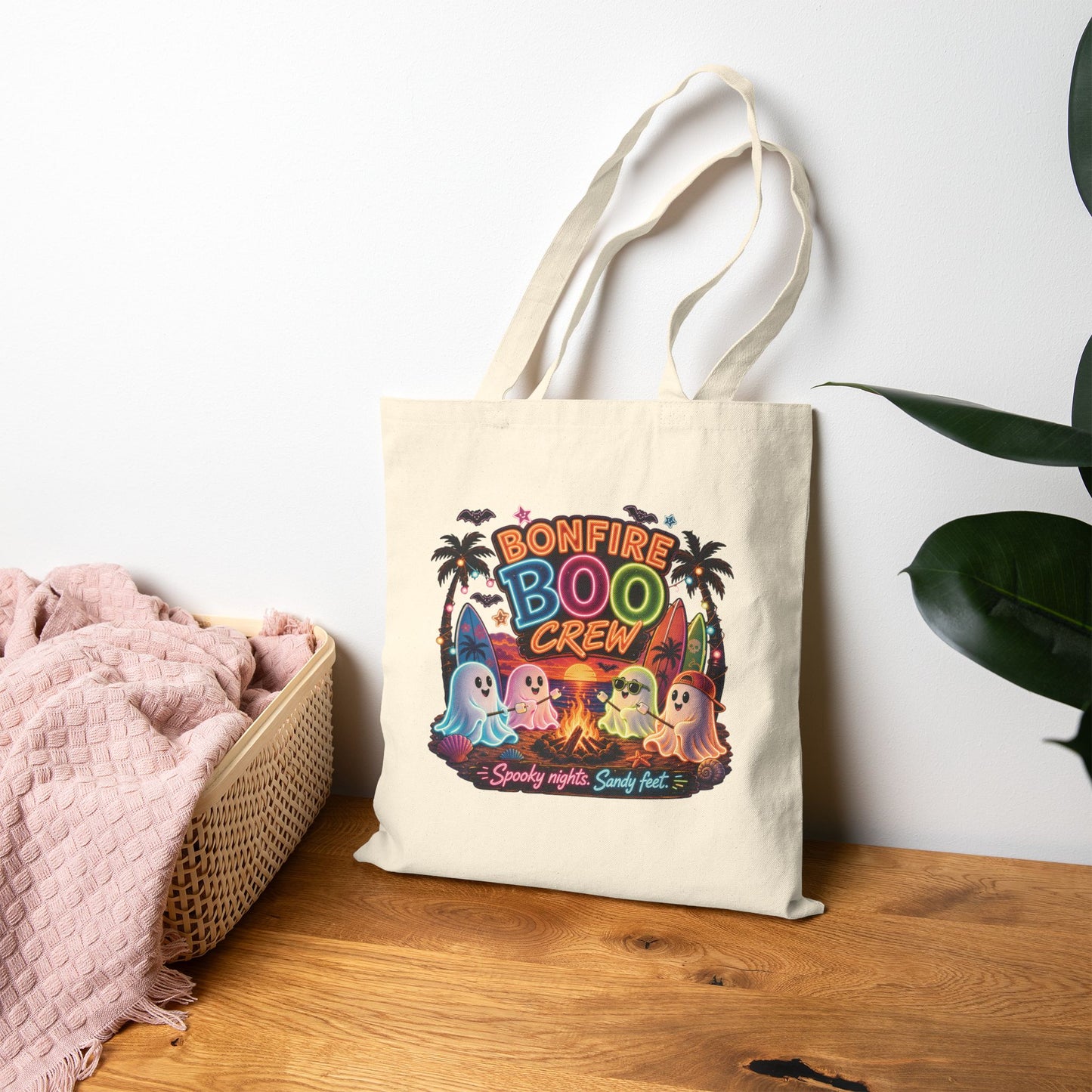 Bonfire Boo Crew Tote Bag | Halloween ghosts, campfire spooky beach design