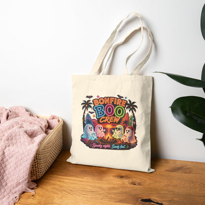 Bonfire Boo Crew Tote Bag | Halloween ghosts, campfire spooky beach design