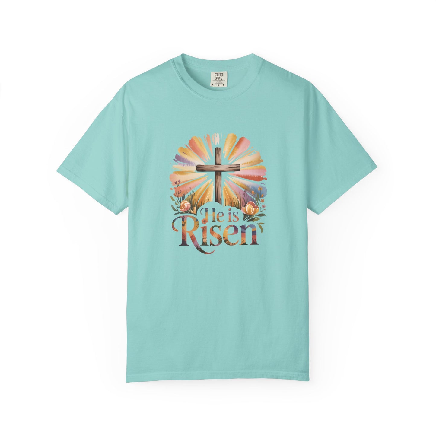 He Is Risen cross sunrise design T-Shirt | Easter faith floral