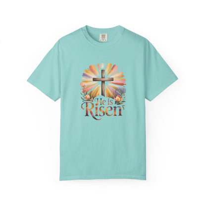 He Is Risen cross sunrise design T-Shirt | Easter faith floral