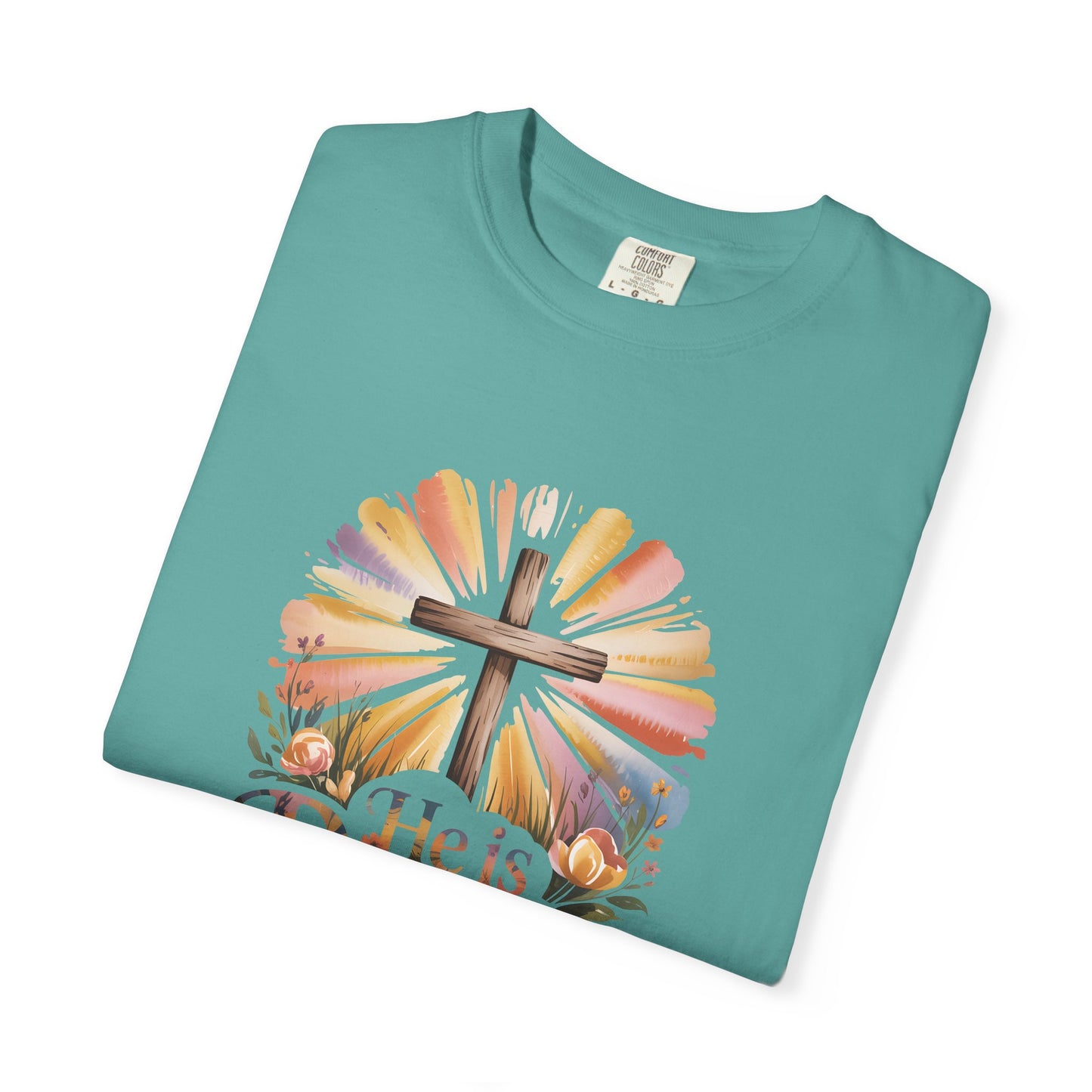 He Is Risen cross sunrise design T-Shirt | Easter faith floral