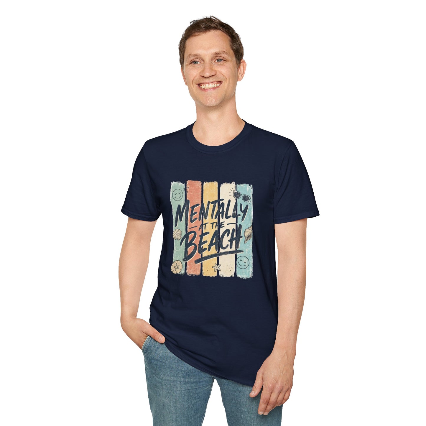 Mentally at the Beach T-Shirt | Retro Stripes, Sunglasses & Seashells