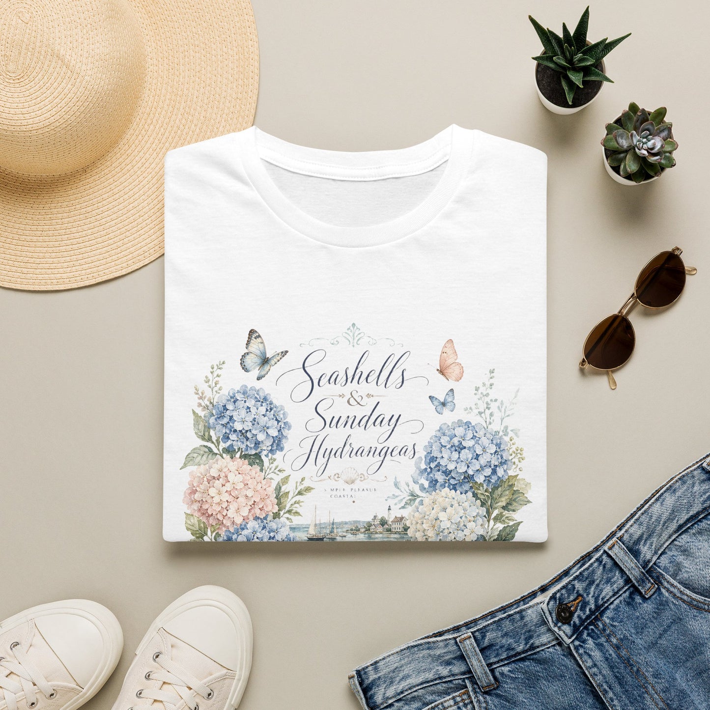 Seashells & Sunday Hydrangeas T-Shirt | Floral Coastal Cottage Shirt