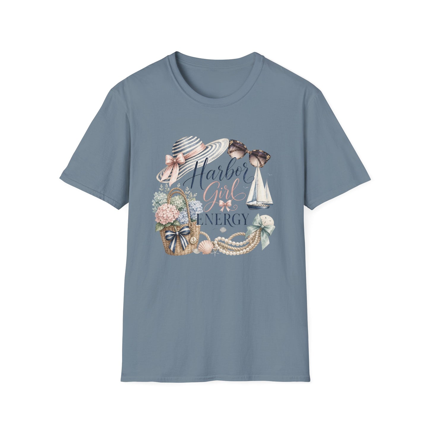 Harbor Girl illustration T-Shirt | Nautical hat, sailboat, seashells