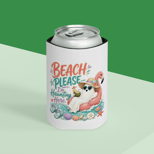 Beach Please Ghost Flamingo Can Cooler | Summer Beach Drink Sleeve