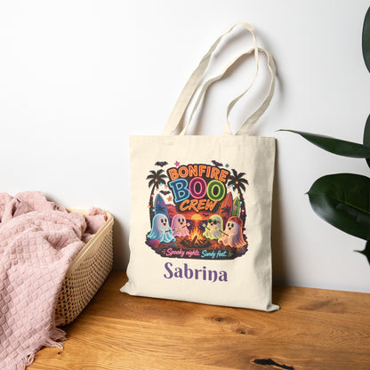 Bonfire Boo Crew Tote Bag | Halloween ghosts, campfire spooky beach design
