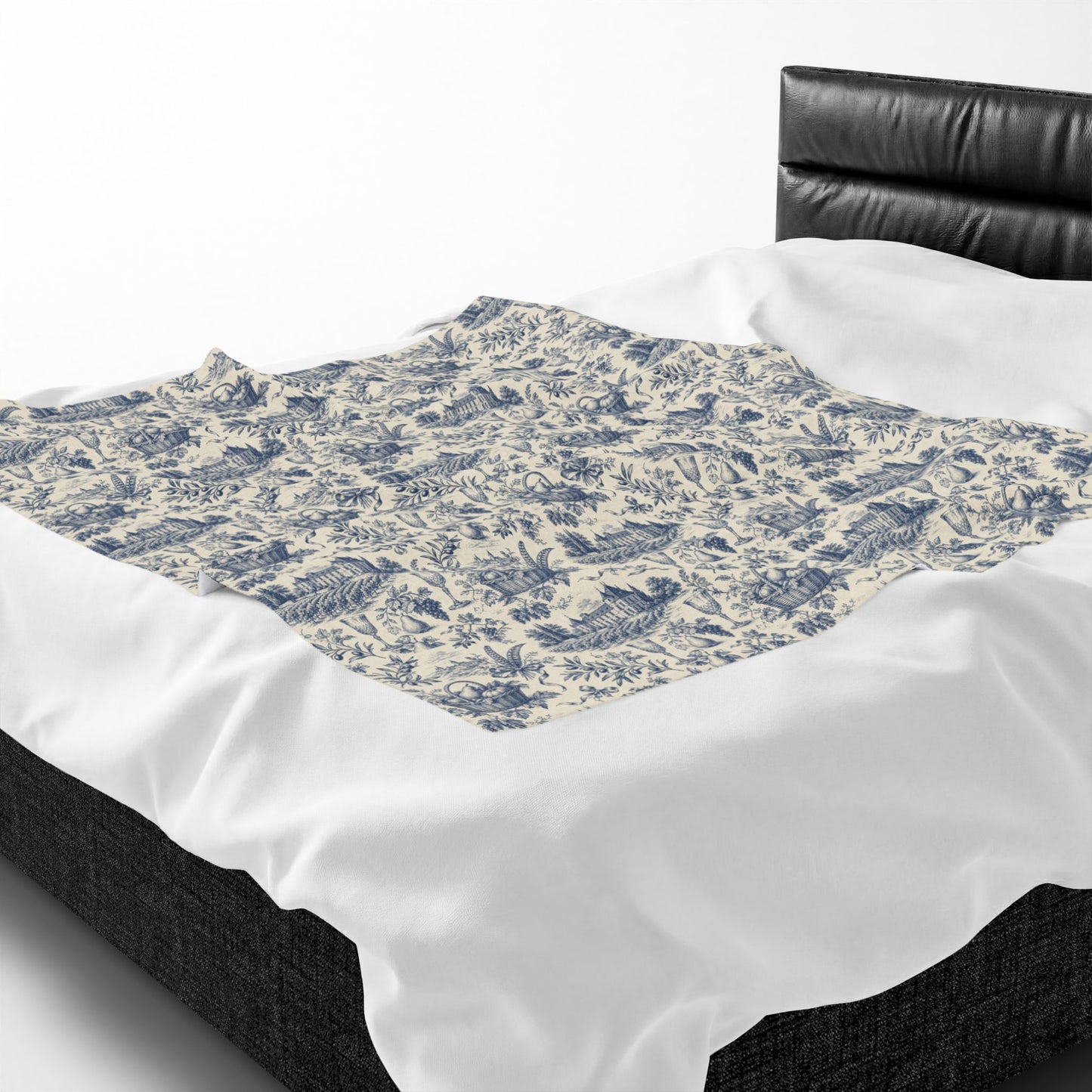 French Harvest Toile Landscape Velveteen Plush Blanket | Vintage Cottage Pattern