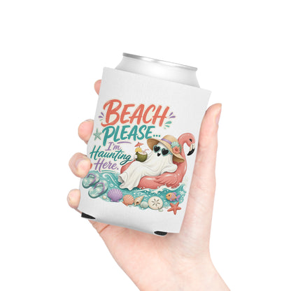 Beach Please Ghost Flamingo Can Cooler | Summer Beach Drink Sleeve