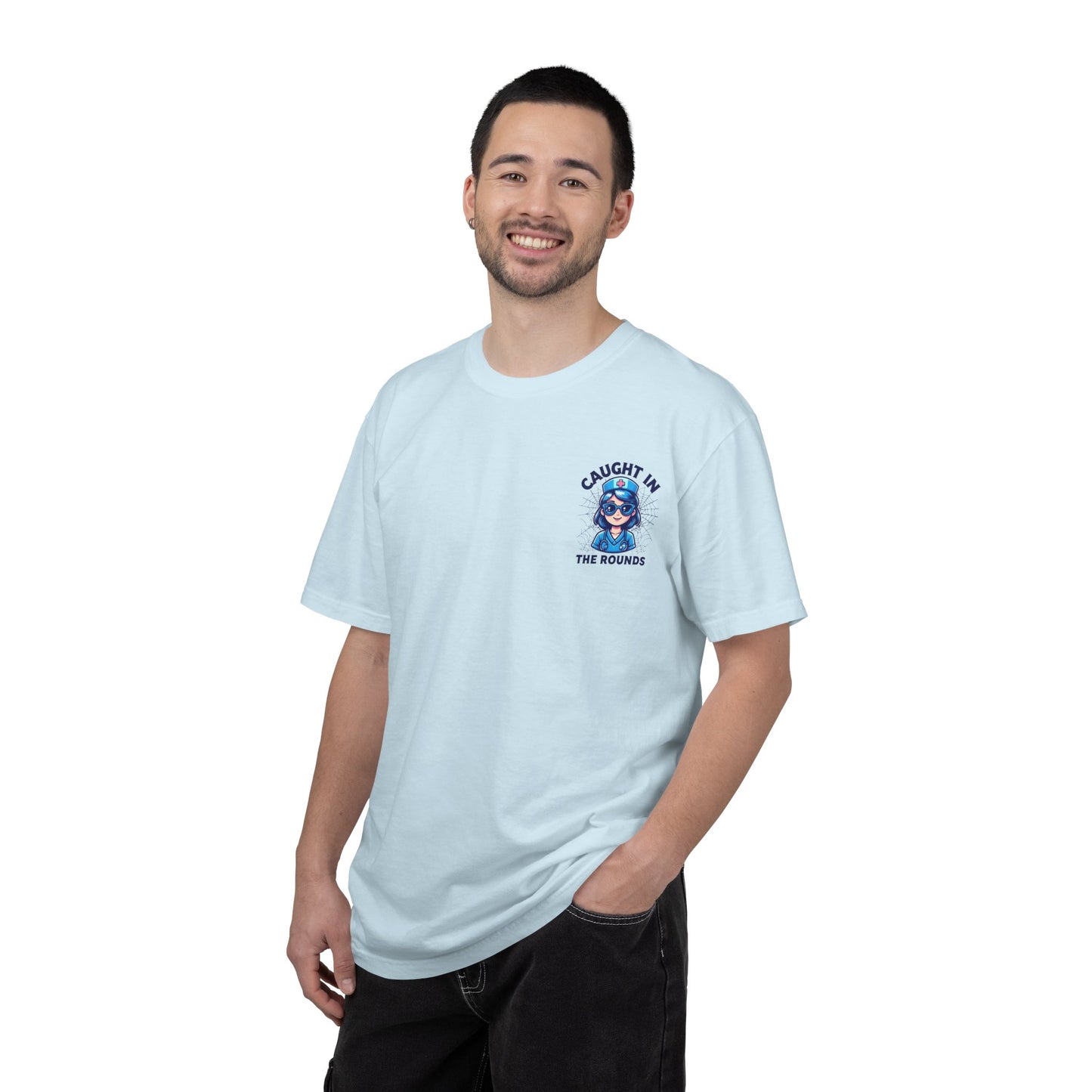 Unisex Graphic Tee - 'Caught in the Rounds', Casual Wear, Gift for Friends, Comfortable Everyday Tee, Fun Summer Shirt, Halloween Nurse