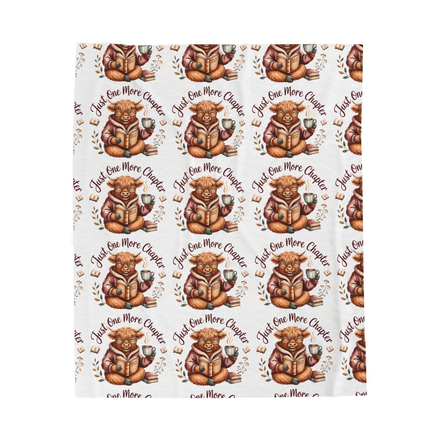 Reading Highland Cow Pattern Velveteen Plush Blanket | Cute Book Lover Throw