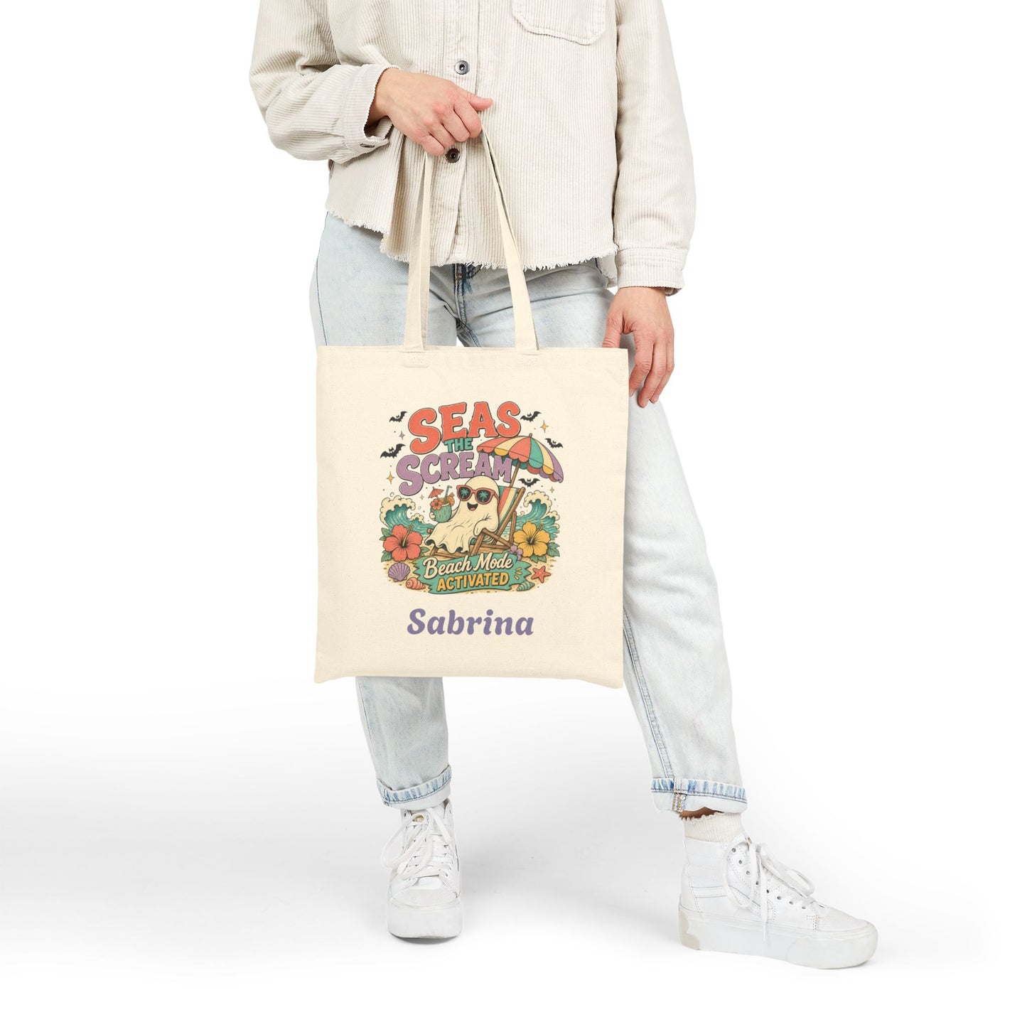 Seas the Scream beach pug illustration Tote Bag | personalized name option