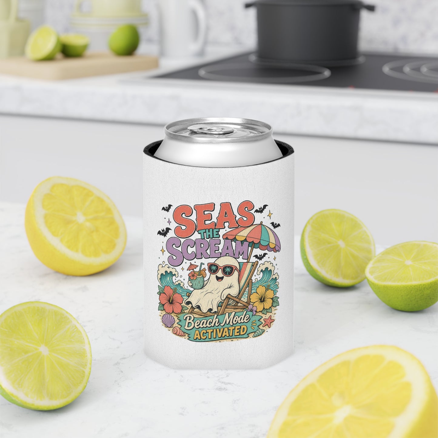 Seas the Scream ghost beach scene Can Cooler | Beach Mode Activated, Tropical Flowers