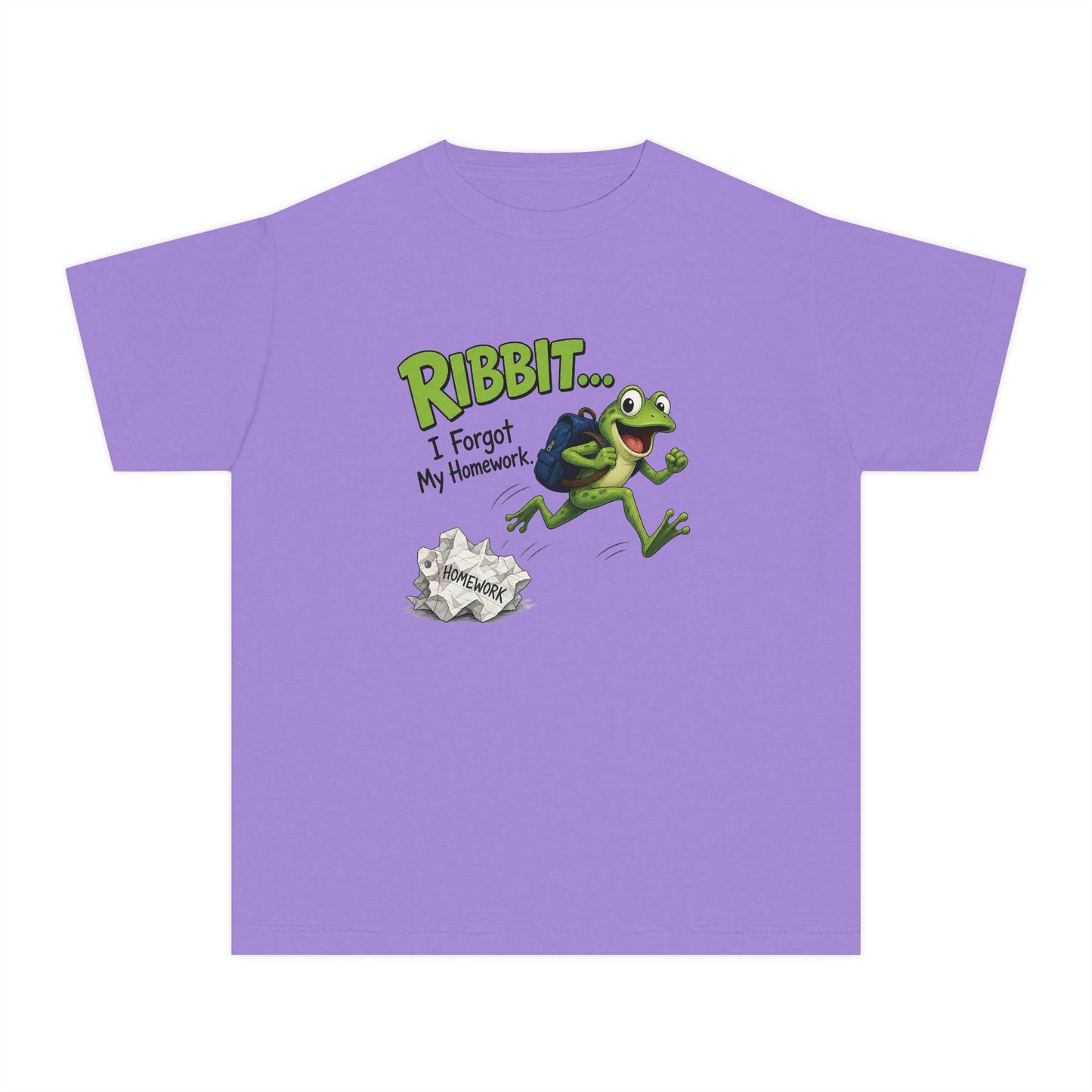 Ribbit Frog Character Youth Tee | Funny Forgot My Homework Design