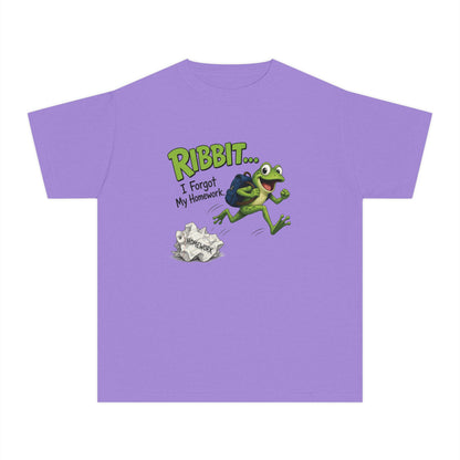 Ribbit Frog Character Youth Tee | Funny Forgot My Homework Design