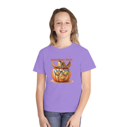 Whimsical Fall Youth Tee - Gourd Bless Tacos, Halloween Shirt, Kids Autumn Apparel, Thanksgiving Humor Top, Funny Seasonal Gift