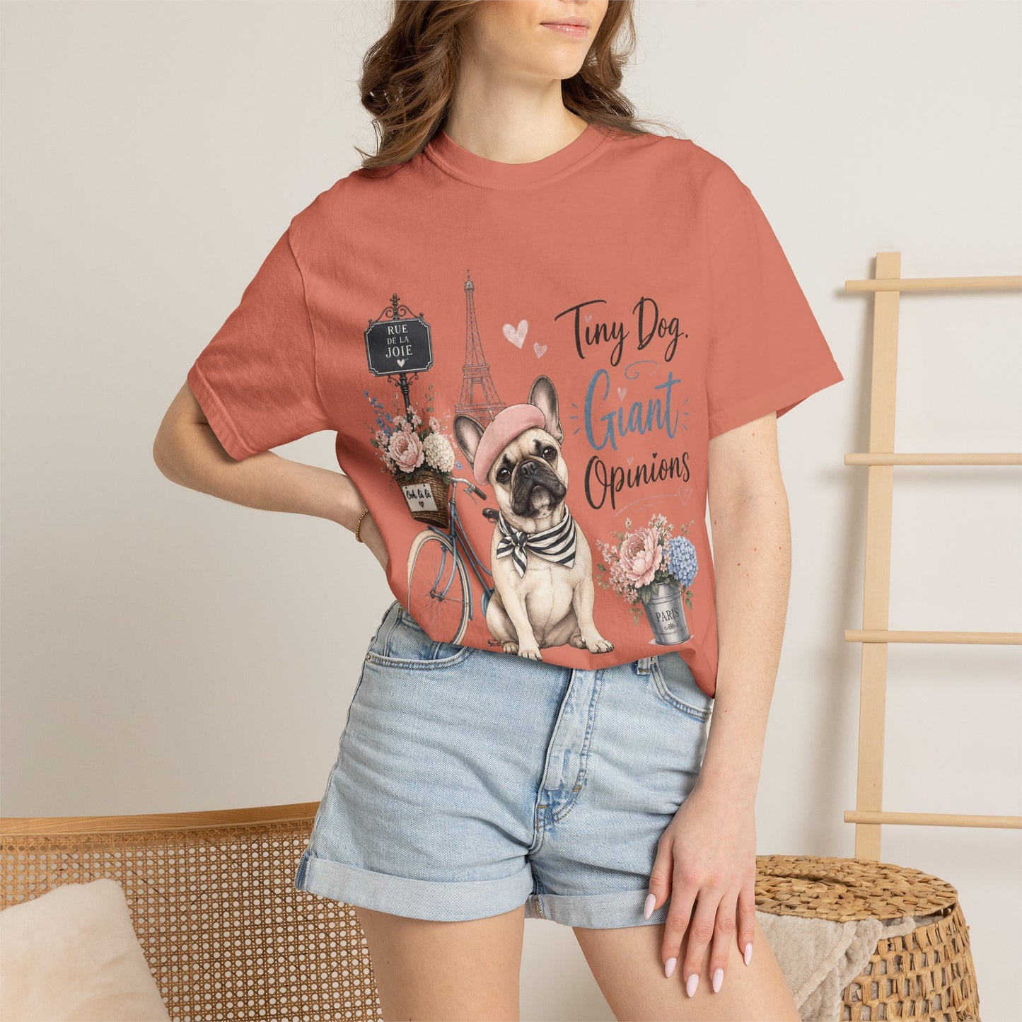 Tiny Dog, Giant Opinions T-shirt | French Bulldog Paris Design