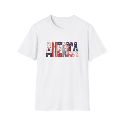 American Flag Patchwork Style Letters T-Shirt | Patriotic Fourth of July Tee