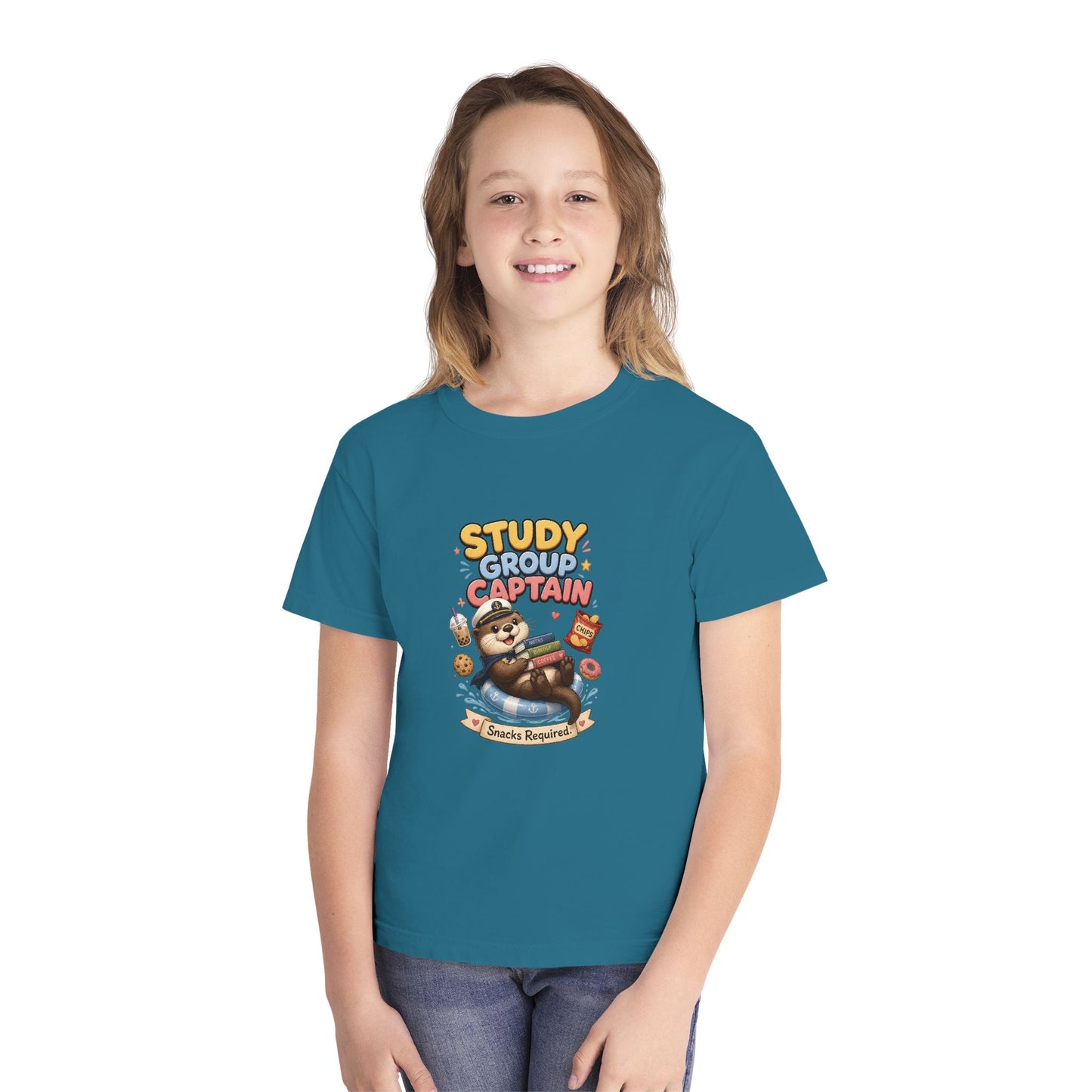 Study Group Captain Youth Tee | Sloth Studying Snacks Graphic