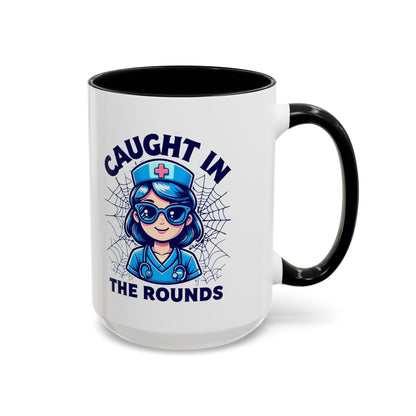 Nurse Coffee Mug, Cute Nursing Gift, Healthcare Appreciation, Fun Spider Design, Caught in the Rounds Mug