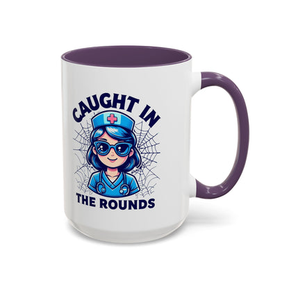 Nurse Coffee Mug, Cute Nursing Gift, Healthcare Appreciation, Fun Spider Design, Caught in the Rounds Mug